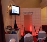 Here we had our VIP photobooth package which includes our enclosed booth, one- (1) TV for a slideshow of the fun inside and our red carpet with gold posts and red ropes to make you feel like a VIP.