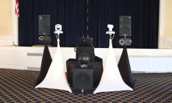Base DJ set up with lights & 1 Subwoofer. Our 1,000 watt Yamaha DSR18 subs puts out incredible bass!! DJ @ Putnam County Golf Course
