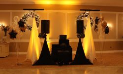 Base DJ set up with the booth area only up-lit. Nice & elegant looking set up with our crystal clear Bose F1-812 flexible array speaker sound system with our 1,000 watt Yamaha DRS18 subwoofer for a great sound!!